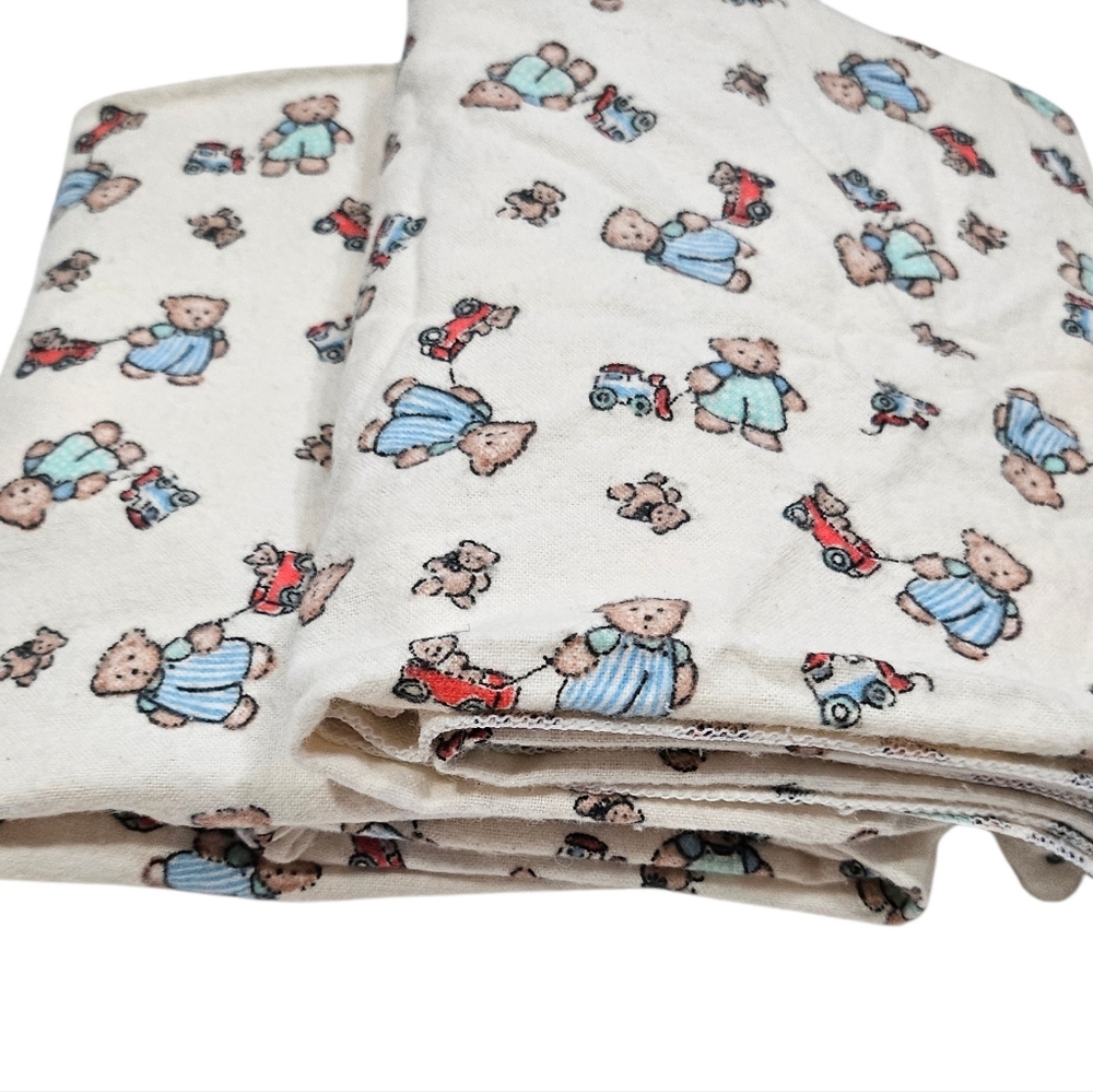 VTG 90s Baby Receiving Blankets Blue Teddy Bear Wagon Cotton Flannel Lot of 2